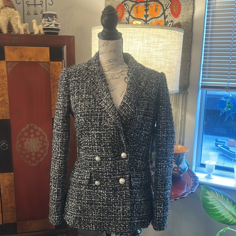 DONNA KAREN Blk White  Tweeded Jacket Blazer Sz Small , ❤️ Brand New Video